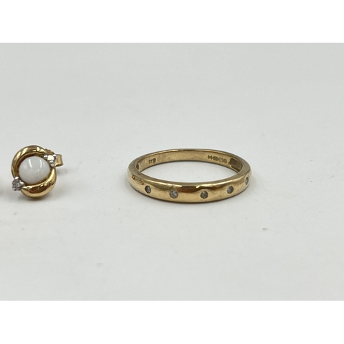 2363 - Three pieces of jewellery, one hallmarked 9ct gold diamond five stone ring, one pair of 9ct gold opa... 