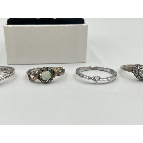 2367 - Six .925 silver rings to include two Pandora, 9ct and .925 opal solitaire etc. - approx. gross weigh... 