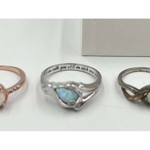 2367 - Six .925 silver rings to include two Pandora, 9ct and .925 opal solitaire etc. - approx. gross weigh... 