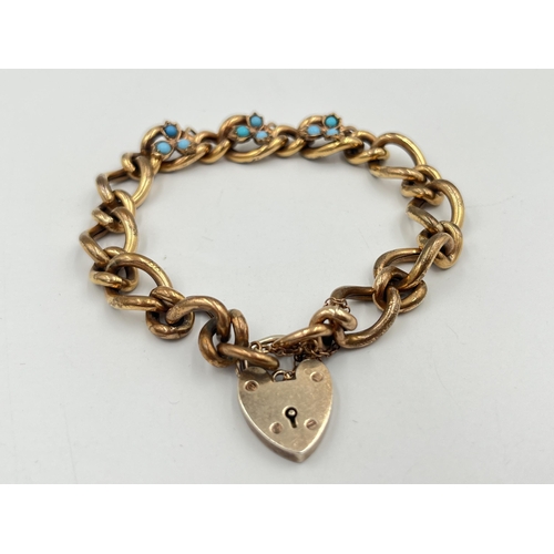 2368 - An antique yellow metal turquoise set bracelet with foliate design and silver heart shaped locket - ... 