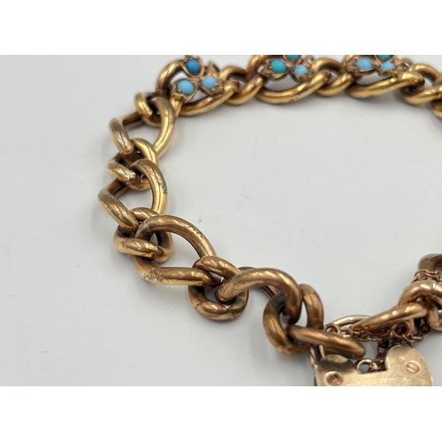 2368 - An antique yellow metal turquoise set bracelet with foliate design and silver heart shaped locket - ... 