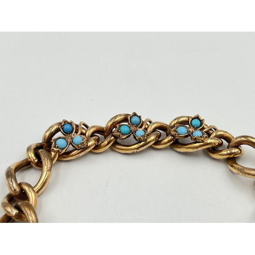 2368 - An antique yellow metal turquoise set bracelet with foliate design and silver heart shaped locket - ... 