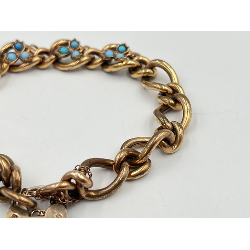 2368 - An antique yellow metal turquoise set bracelet with foliate design and silver heart shaped locket - ... 