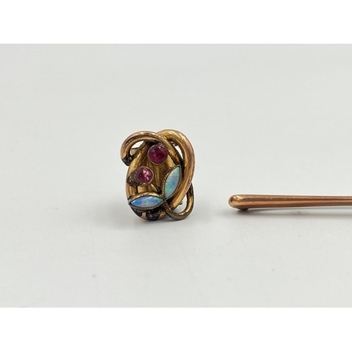 2376 - Two pieces of antique gemstone set jewellery to include 9ct gold brooch with base metal pin etc. - a... 