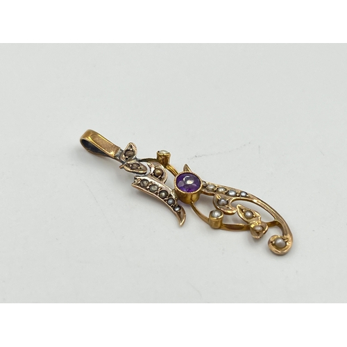 2377 - An antique 9ct gold amethyst and seed pearl pendant/brooch - approx. gross weight 1.7g