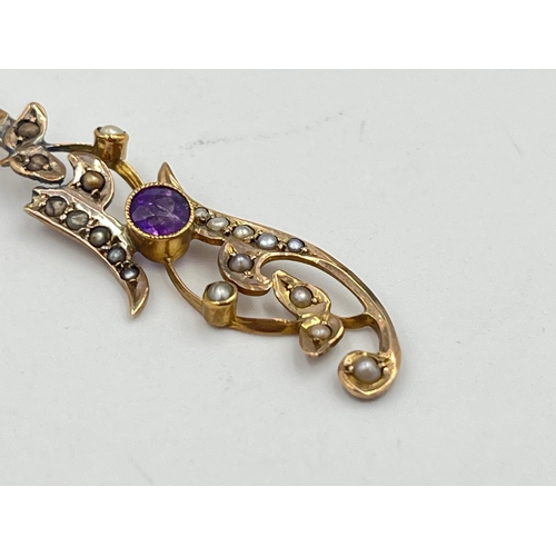 2377 - An antique 9ct gold amethyst and seed pearl pendant/brooch - approx. gross weight 1.7g