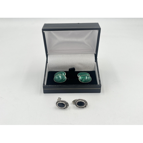 2386 - Two pieces of .925 silver jewellery, one pair of malachite cufflinks and one pair of black onyx and ... 