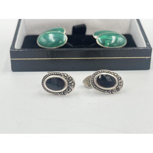 2386 - Two pieces of .925 silver jewellery, one pair of malachite cufflinks and one pair of black onyx and ... 