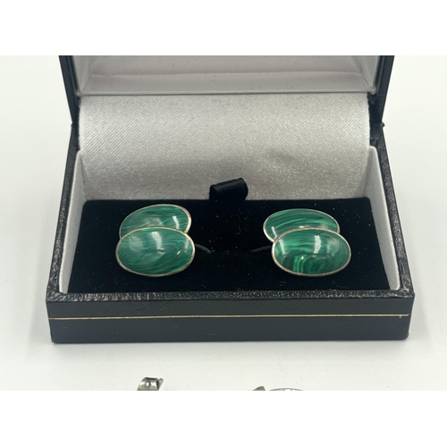 2386 - Two pieces of .925 silver jewellery, one pair of malachite cufflinks and one pair of black onyx and ... 