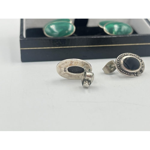 2386 - Two pieces of .925 silver jewellery, one pair of malachite cufflinks and one pair of black onyx and ... 