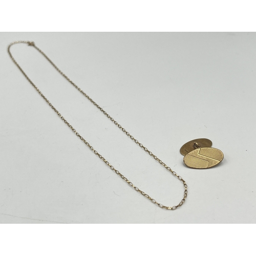 2395 - Two pieces of 9ct gold jewellery, one chain necklace and one cufflink - approx. gross weight 2.9g