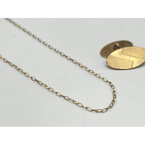 2395 - Two pieces of 9ct gold jewellery, one chain necklace and one cufflink - approx. gross weight 2.9g