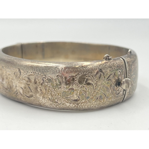 2398 - A hallmarked Birmingham silver foliate etched bangle - approx. gross weight 28g