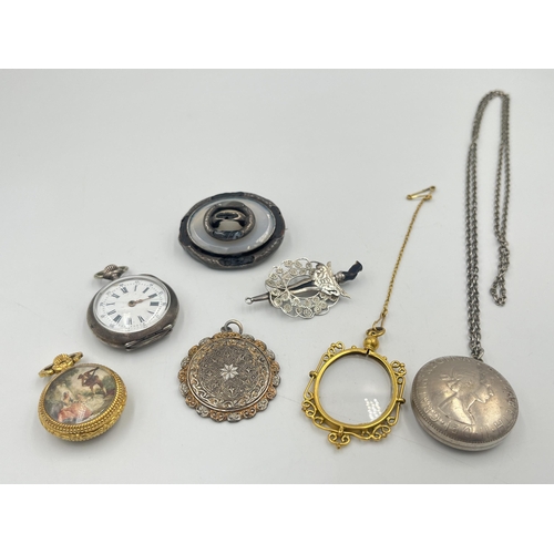 2401B - Seven pieces of vintage costume jewellery and watches to include .800 silver cased lady's pocket wat... 