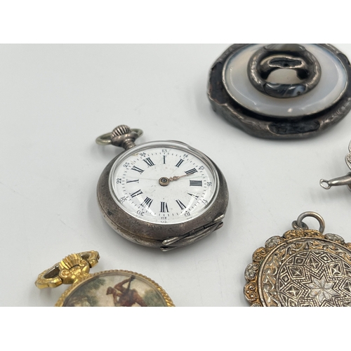 2401B - Seven pieces of vintage costume jewellery and watches to include .800 silver cased lady's pocket wat... 