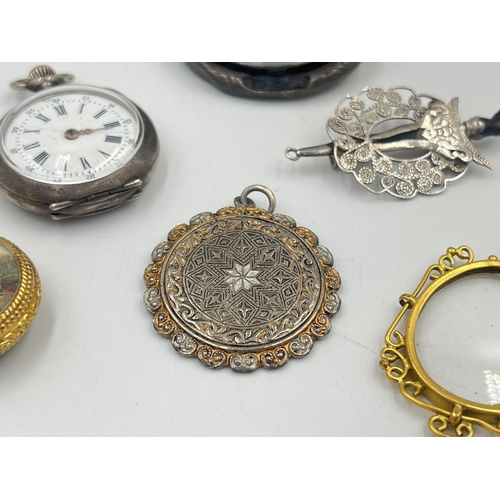 2401B - Seven pieces of vintage costume jewellery and watches to include .800 silver cased lady's pocket wat... 