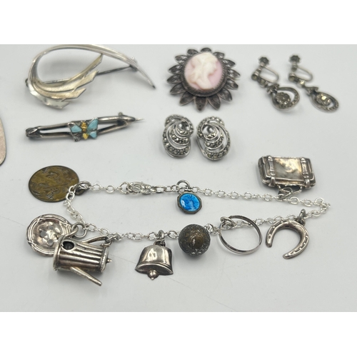 2404 - A collection of silver and white metal jewellery to include pair of sterling marcasite set clip on e... 