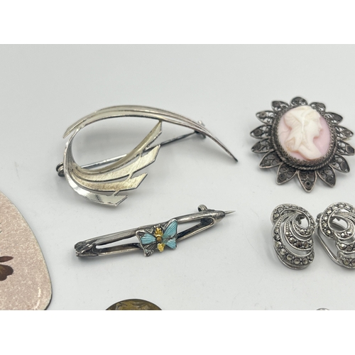 2404 - A collection of silver and white metal jewellery to include pair of sterling marcasite set clip on e... 