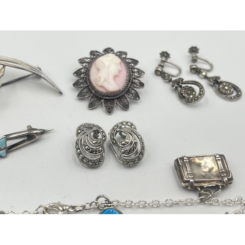 2404 - A collection of silver and white metal jewellery to include pair of sterling marcasite set clip on e... 