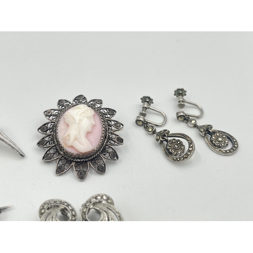 2404 - A collection of silver and white metal jewellery to include pair of sterling marcasite set clip on e... 