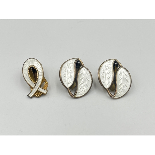 2406 - Three Norwegian sterling silver and white enamel clip on earrings to include pair of David Andersen ... 