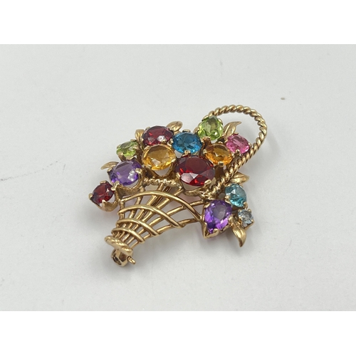 2407 - A hallmarked 9ct gold multi-gemstone flower basket brooch - approx. gross weight 8.6g