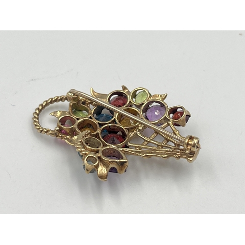 2407 - A hallmarked 9ct gold multi-gemstone flower basket brooch - approx. gross weight 8.6g