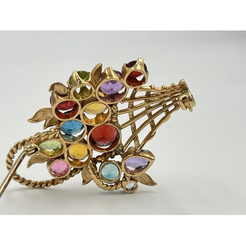 2407 - A hallmarked 9ct gold multi-gemstone flower basket brooch - approx. gross weight 8.6g