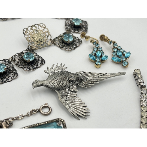 2408 - A collection of costume jewellery to include A.R. Brown pewter pheasant brooch, pair of .925 silver ... 