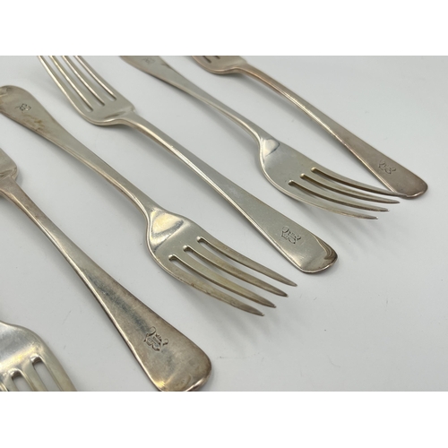 2522 - Six George III hallmarked London silver forks, set of four dated 1807 and two Thomas Wilkes Barker; ... 