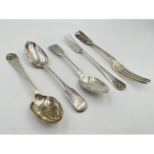 2523 - Five George III and later hallmarked sterling silver forks and spoons, two Jonathan Hayne London dat... 