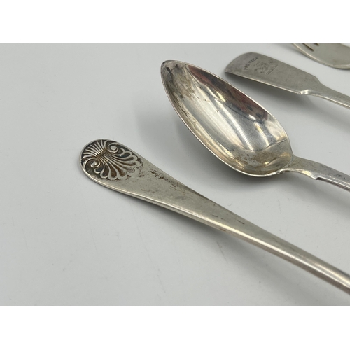 2523 - Five George III and later hallmarked sterling silver forks and spoons, two Jonathan Hayne London dat... 