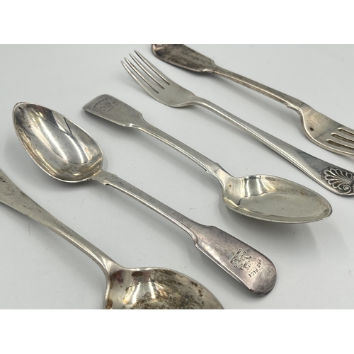 2523 - Five George III and later hallmarked sterling silver forks and spoons, two Jonathan Hayne London dat... 