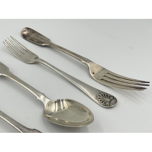 2523 - Five George III and later hallmarked sterling silver forks and spoons, two Jonathan Hayne London dat... 