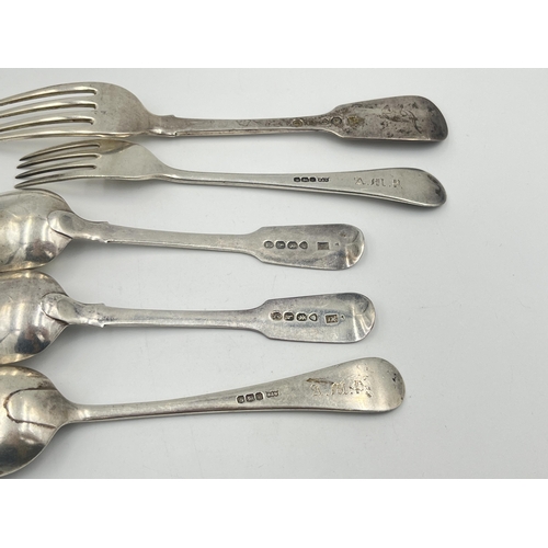 2523 - Five George III and later hallmarked sterling silver forks and spoons, two Jonathan Hayne London dat... 