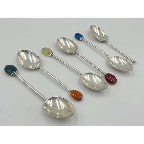 2533 - Six Art Deco Liberty & Co. Ltd. hallmarked Birmingham silver and semi precious stone demitasse spoon... 