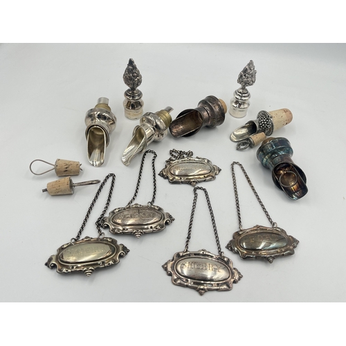 2544 - A collection of white metal and silver plated breweriana items to include decanter labels, bottle st... 