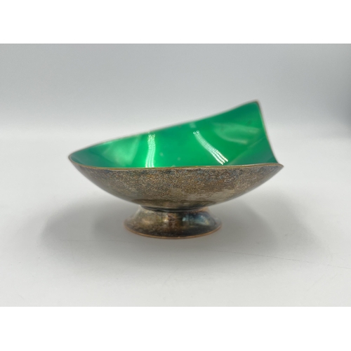 2548 - A mid 20th century Meka Danish white metal and green enamel footed pedestal dish - approx. gross wei... 