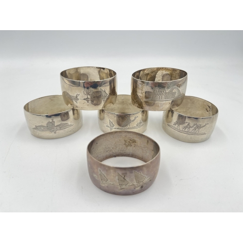 2552 - Six Indian white metal napkin rings with etched scenes to outer - approx. gross weight 126g