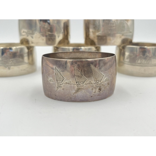 2552 - Six Indian white metal napkin rings with etched scenes to outer - approx. gross weight 126g