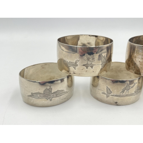 2552 - Six Indian white metal napkin rings with etched scenes to outer - approx. gross weight 126g