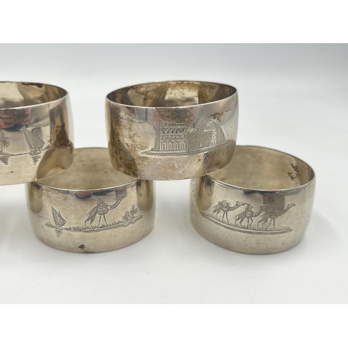 2552 - Six Indian white metal napkin rings with etched scenes to outer - approx. gross weight 126g