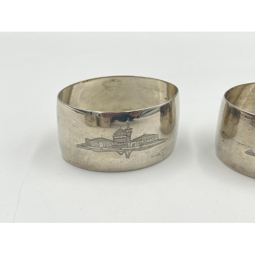 2552 - Six Indian white metal napkin rings with etched scenes to outer - approx. gross weight 126g