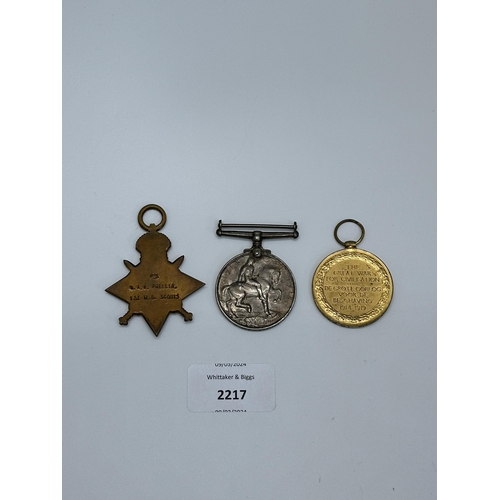 2217 - A WWI medal trio presented to Pte. R.A.A. Preller. 1st M.B. Scouts.