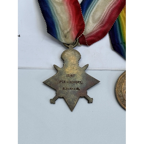 2219 - A WWI medal trio presented to 11887 Pte. G. Cowdry. R. Berks. R. with printouts of relevant certific... 