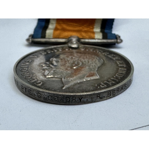 2219 - A WWI medal trio presented to 11887 Pte. G. Cowdry. R. Berks. R. with printouts of relevant certific... 