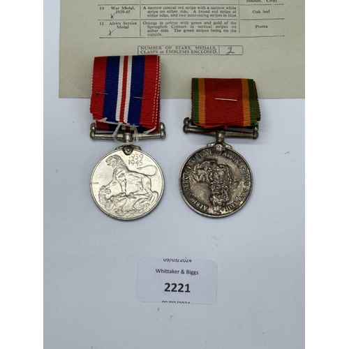 2221 - A WWII South African medal pair and certificate presented to 161850 F. Murray