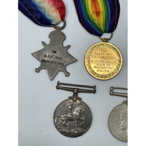 2222 - Two medal sets presented to 13825 Dvr. H.J.R Jones S.A.S.C., one WWI pair and one WWII trio