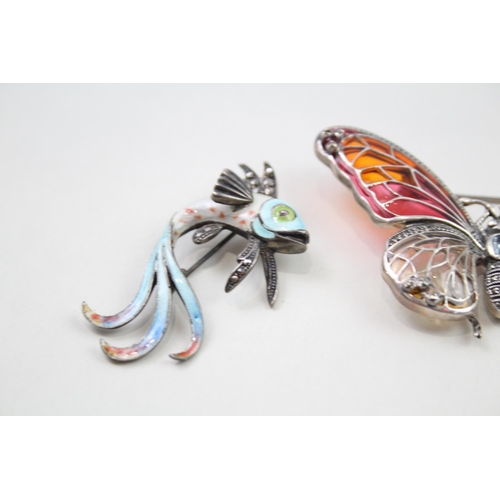 2029 - Three silver animal design brooches, one plique-à-jour and two enamel - approx. gross weight 35g