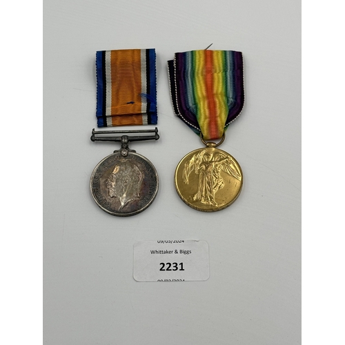 2231 - A WWI South African medal pair presented to 2nd C/W. O.S.H. J. Devine S.A.S.C.